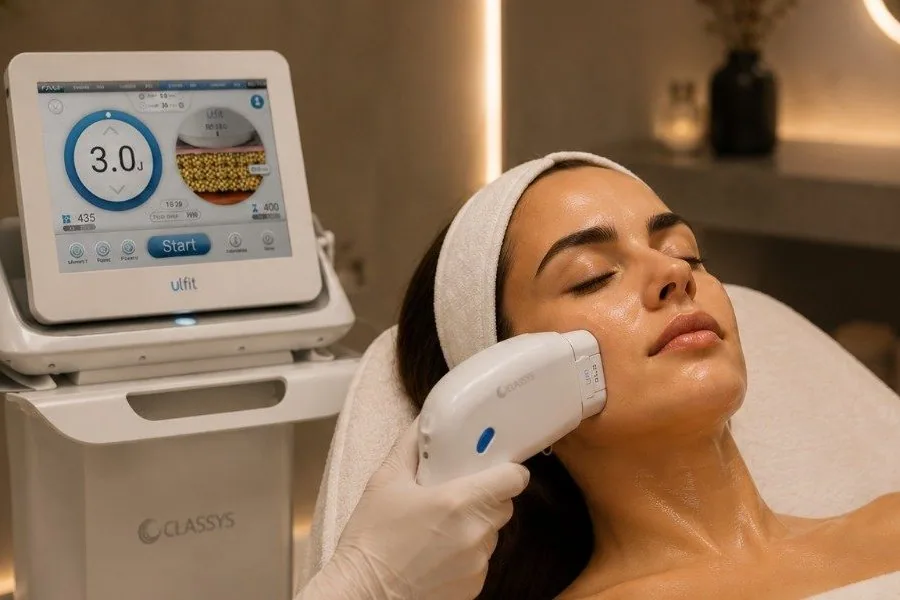 Especialista aplicando HiFu facial con el equipo Ulfit en cabina